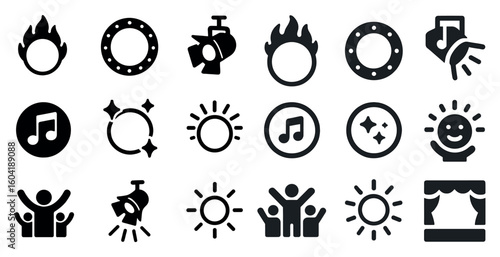 Theater and entertainment icons set – solid, silhouette, performance and stage symbols