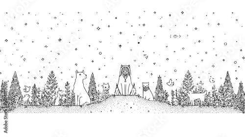 A black and white drawing of animals and trees under a starry sky with a mystical hooded figure standing
