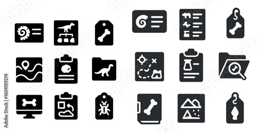 Paleontology solid icons set – fossil, dinosaur, archaeology symbol collection