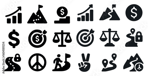 Business and finance filled icons set – solid, corporate, economic symbols