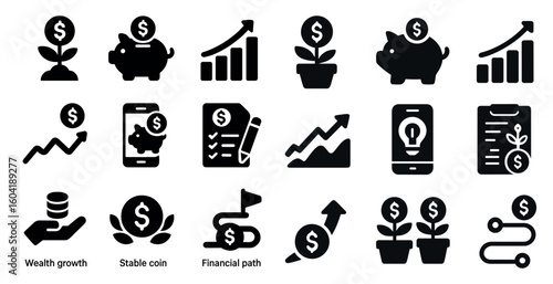 Financial growth solid icons set – filled, wealth, investment and savings symbols