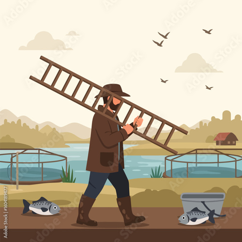 Man Carrying Ladder at Fish Farm with Ponds and Catch