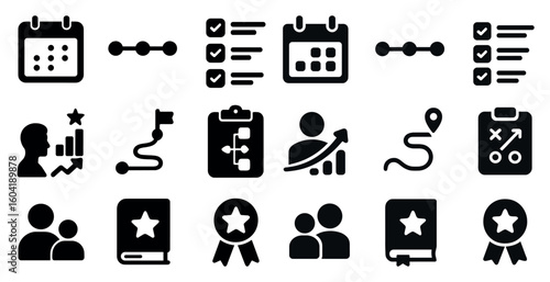 Project management solid icons set – tasks, planning, organization tools