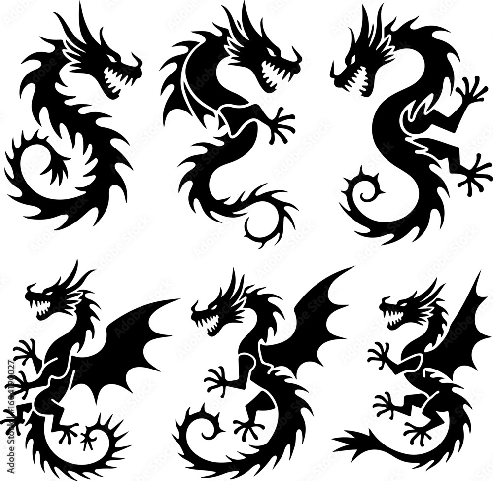 dragon tattoo, tribal dragon, vector bundle dragon tattoo, tribal dragon, vector bundle