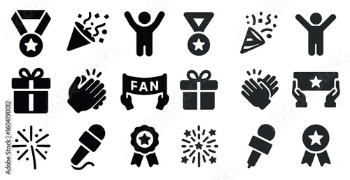 Celebration and award solid icons set – filled, flat, happy and success symbols