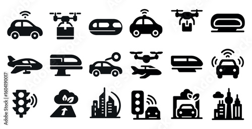 Transportation and travel icons set – solid, filled, journey and vehicle symbols