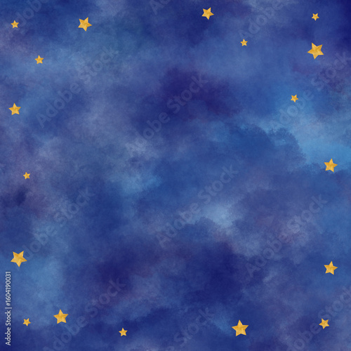 Square frame with golden stars, puffy blue and dark blue clouds, night sky background. Digital watercolor. Cute for the kids design of invitations, certificates, postcards, posters, flyers