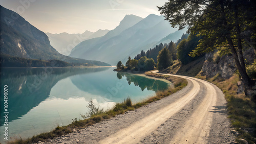 Lakeside Road in Mountainous Scenery: Winding along the tranquil shoreline of a serene lake, this image unveils a scenic road embraced by towering mountain peaks and lush trees.