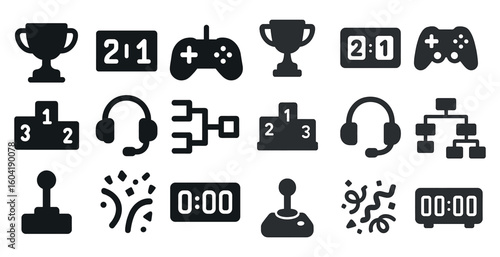 Game and competition icons set – solid, filled, sports gaming symbols