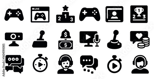 Gaming and streaming solid icons set – filled, joystick, leaderboard graphics