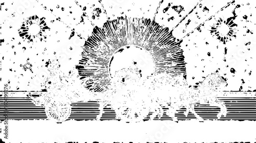 Illustration of a chariot pulled by horses under a sun with rays and stars in a black and white style