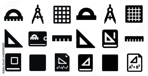 Mathematics tools solid icons set – geometry, measurement, education symbols