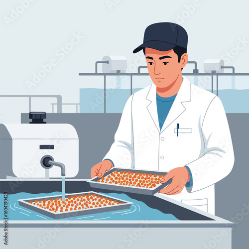 Technician Washing Small Orange Spheres in a Laboratory Setting