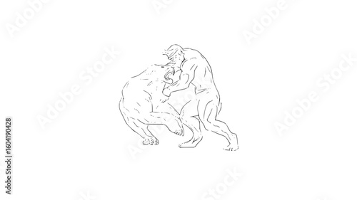 Illustration of a man wrestling a bear in a dynamic pose with visible muscle definition and outlines