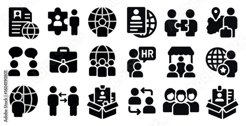 Business and teamwork solid icons set – filled, corporate, collaboration symbols