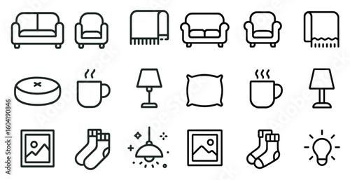 Home decor outline icons set – cozy, minimalist, interior design symbols