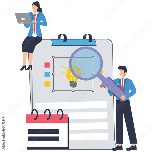 Flat illustration of business people meeting with agenda checklist discussing strategy and teamwork planning stock illustration