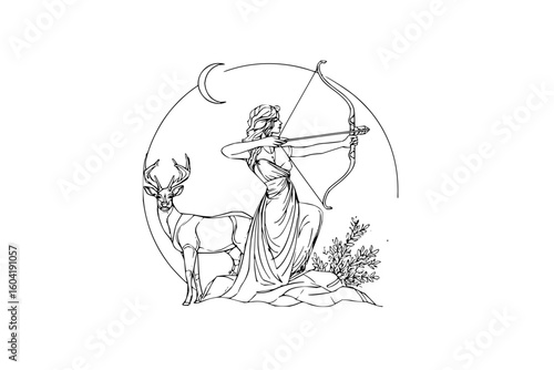 Illustration of diana the huntress with a bow and arrow alongside a deer under a crescent moon design