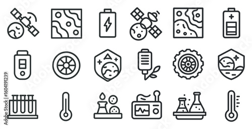 Science and space line icons set – linear, outline, astronomy and lab symbols