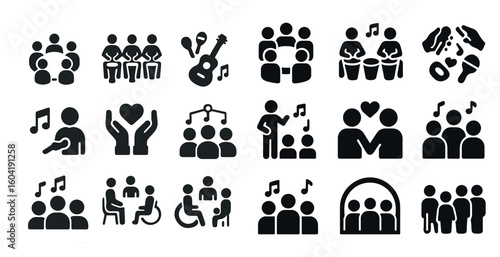 Community and music solid icons set – group, silhouette, social interaction symbols