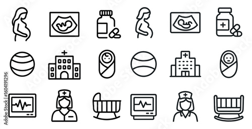 Pregnancy and newborn outline icons set – line, health, maternity symbols