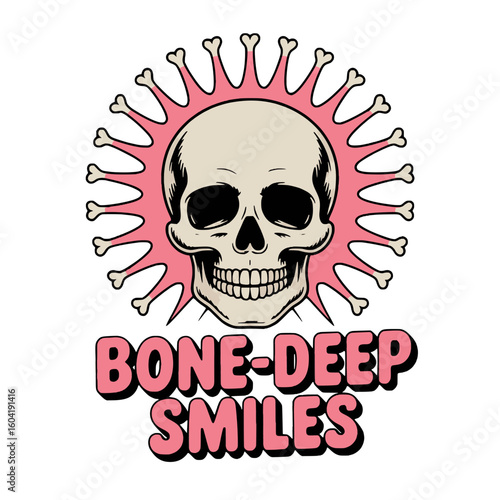 T-shirt skull design vector bone skull illustration with bone halo, bone deep smiles graphic design for halloween and gothic art