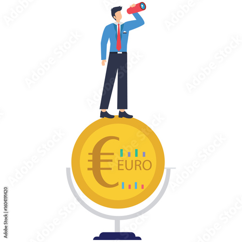 Flat illustration of businessman investor stand on euro coin using telescope to predict Europe economy stock illustration