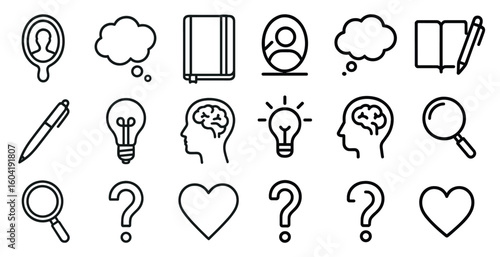 Brainstorming and ideas outline icons set – linear, design, concept symbols