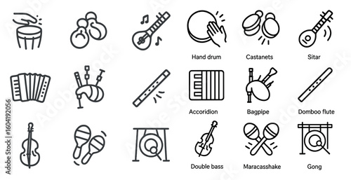 Musical instruments line icons set – outline, linear, music symbols