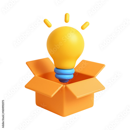 Bright lightbulb emerging from orange box symbolizes creativity and ideas