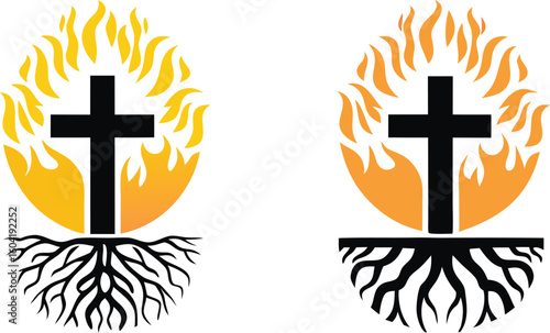 Christian Cross with Flames and Roots Symbolizing Faith and Spiritual Growth