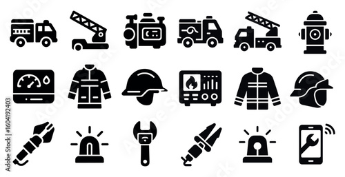 Emergency services solid icons set – rescue, firefighting, safety symbols