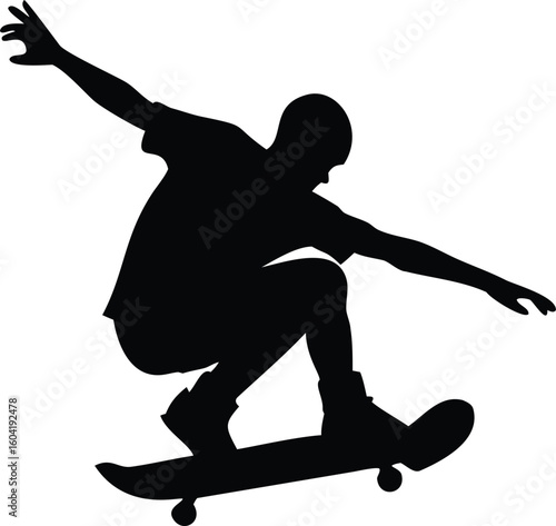 Black Silhouette of Skateboarder Performing Trick MidAir on Skateboard Against White Background