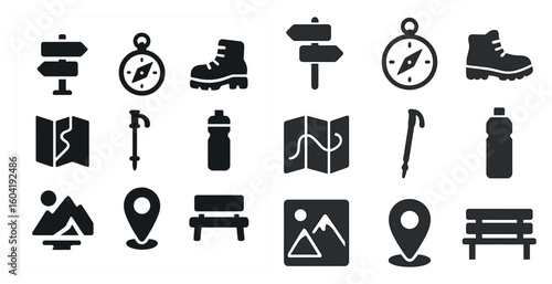 Hiking and outdoor solid icons set – silhouette, filled, adventure and nature symbols
