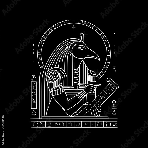 Illustration of thoth ancient egyptian god of knowledge writing with hieroglyphs on a black background