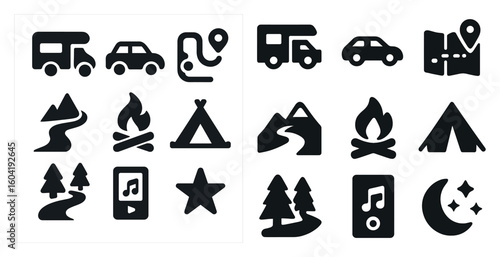 Camping and adventure solid icons set – flat, filled, outdoor travel symbols