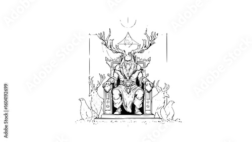 Illustration of a deer headed figure seated on a throne surrounded by deer and birds in black and white