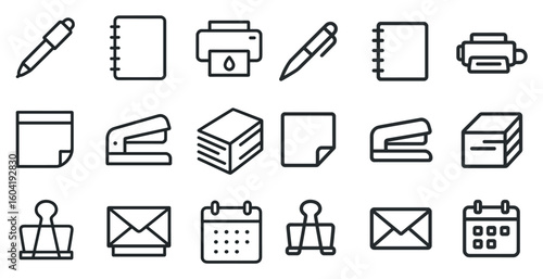Office supplies outline icons set – stationery, business essentials, office tools