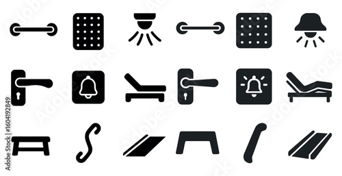 Home and office silhouette icons set – flat, filled symbols for decoration projects