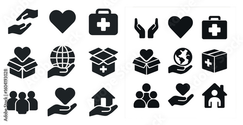 Charity and community solid icons set – donation, helping hands, support symbols