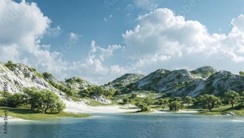 Wallpaper Mural Sunny landscape with hills, trees, and a tranquil lake Torontodigital.ca