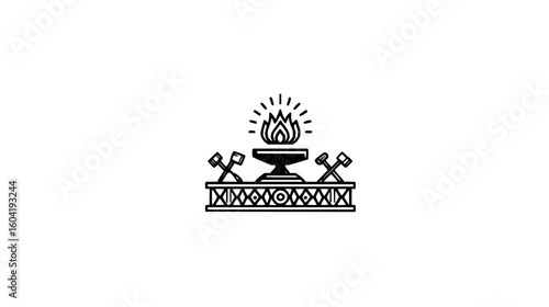 Illustration of an anvil with fire above it and two hammers on a decorated rectangular base design