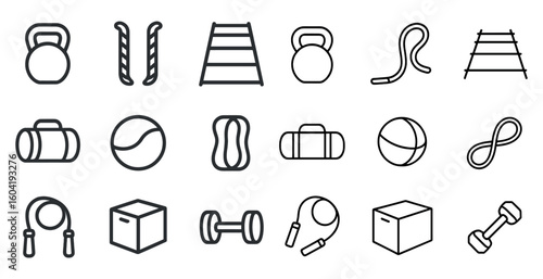 Fitness and gym outline icons set - linear, exercise, workout symbols