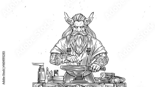 Illustration of a dwarf blacksmith working at an anvil with tools in a detailed line drawing