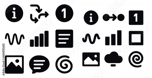 Information and data solid icons set – filled, communication and tech symbols