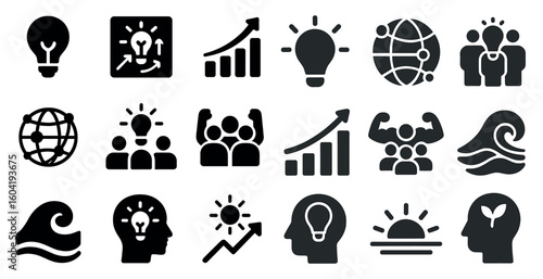 Business and innovation solid icons set – filled, corporate, strategy symbols