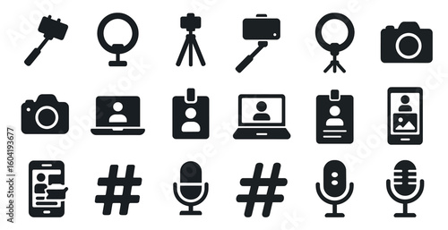 Photography and media solid icons set – flat, filled, camera and broadcast symbols