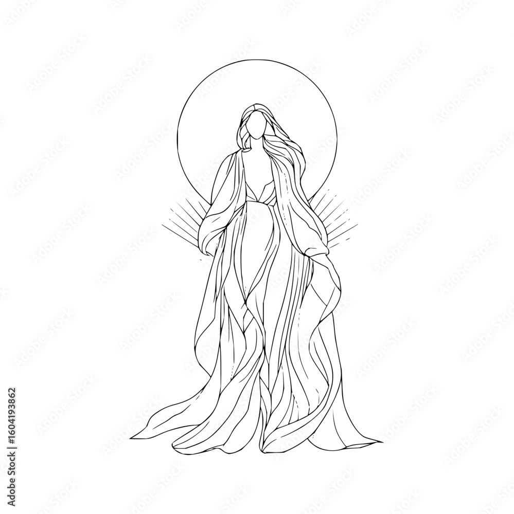 Line art depiction of a woman in flowing robes with a halo and radiating lines on a white background Line art depiction of a woman in flowing robes with a halo and radiating lines on a white background