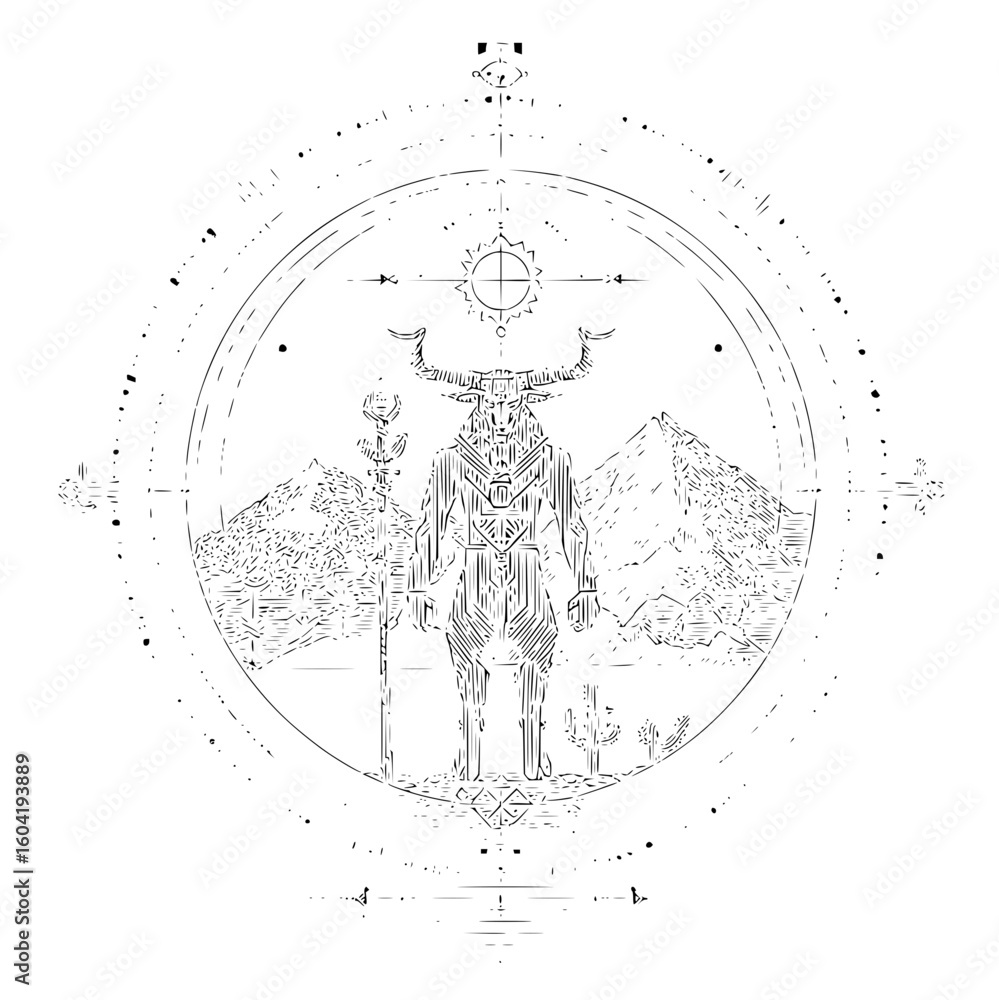 Obraz premium Illustration of a minotaur like figure with horns in front of mountains within a circular compass design