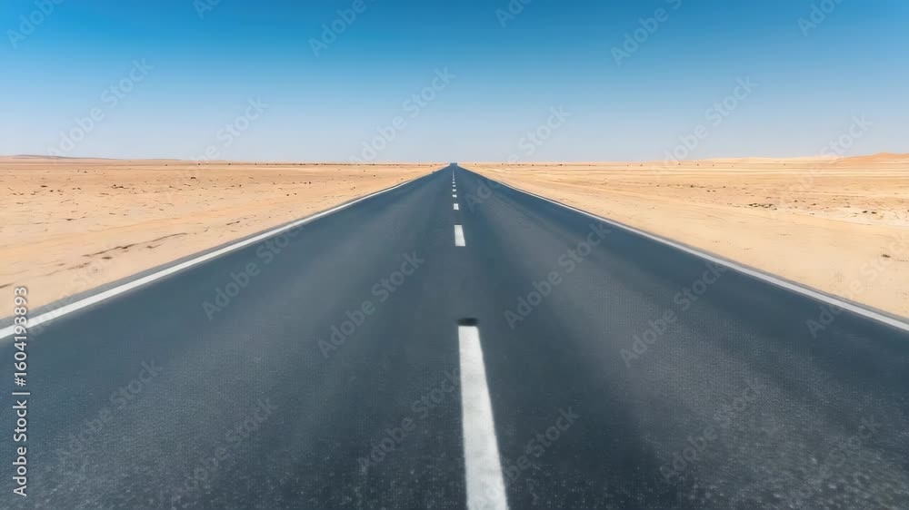 Endless desert road under clear blue sky